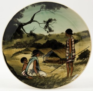 MARTIN BOYD pottery plaque with tribal scene,  incised "Martin Boyd Australia", ​​​​​​​31cm diameter