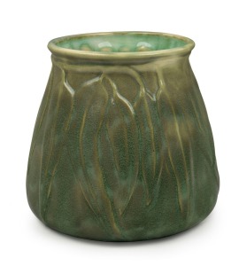 MELROSE WARE green glazed pottery vase with gum leaf decoration, stamped "Melrose Ware, Australian", ​​​​​​​15.5cm high