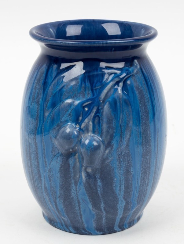 MELROSE WARE blue glazed pottery vase with gumnuts and leaves, stamped "Melrose Ware, Australian", 17.5cm high