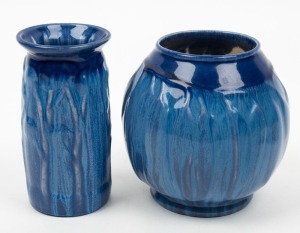 MELROSE WARE two blue glazed pottery vases with gum trees and leaf decoration, (2 items), stamped "Melrose Ware, Australian", 15cm and 14cm high