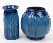 MELROSE WARE two blue glazed pottery vases with gum trees and leaf decoration, (2 items), stamped "Melrose Ware, Australian", 15cm and 14cm high - 2