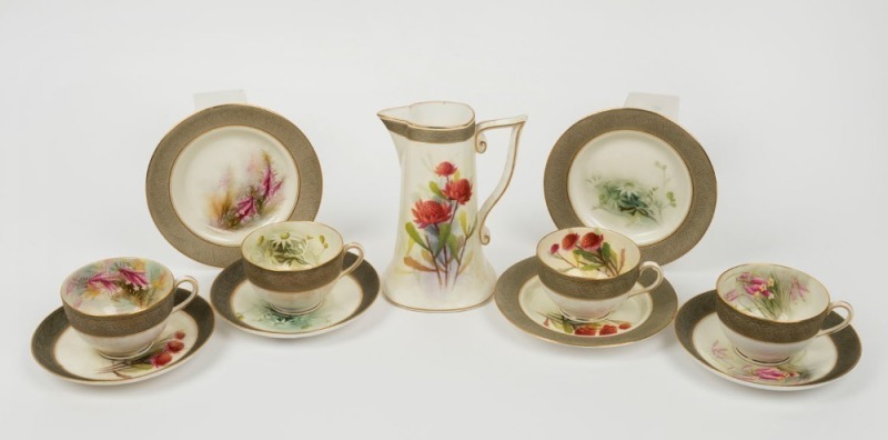 ROYAL WORCESTER Australian flora "Waratah" jug, "Waratah" cup, saucer and plate, "Flannel Flower" cup, saucer and plate, plus two "Boronia" cups together with a single saucer and plate, (11 items), signed "Shuck" or "Austin", puce factory marks to bases,