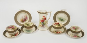 ROYAL WORCESTER Australian flora "Waratah" jug, "Waratah" cup, saucer and plate, "Flannel Flower" cup, saucer and plate, plus two "Boronia" cups together with a single saucer and plate, (11 items), signed "Shuck" or "Austin", puce factory marks to bases, 