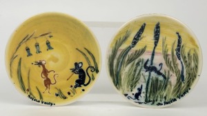 ARTHUR MERRIC BOYD pair of pottery dishes hand-painted and sgraffito decoration, signed "ANGELA VASEY", incised "A.M. BOYD", ​​​​​​​12cm diameter