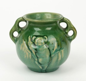 MELROSE WARE "Koala" green glazed pottery vase, black factory mark to base, 9cm high, 11cm wide