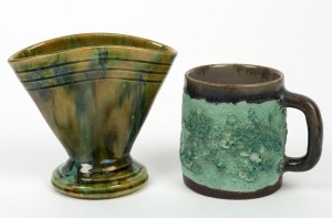 JOHN CAMPBELL green glazed fan-shaped pottery vase; together with a R.M. BECK green glazed pottery mug, (2 items), both with incised signatures, the vase 11cm high