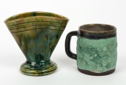 JOHN CAMPBELL green glazed fan-shaped pottery vase; together with a R.M. BECK green glazed pottery mug, (2 items), both with incised signatures, ​​​​​​​the vase 11cm high - 2