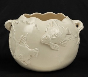 CASTLE HARRIS cream glazed pottery fish vase, incised "Castle Harris", 17cm high, 25cm wide