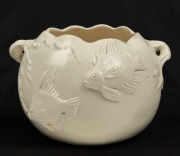CASTLE HARRIS cream glazed pottery fish vase,&nbsp; incised "Castle Harris", 17cm high, 25cm wide&nbsp;