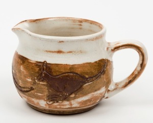 NELL McCREDIE pottery jug with kangaroo decoration, incised "McCredie N.S.W.", 7cm high, 12cm wide