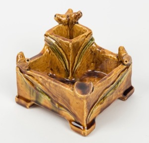 HARVEY SCHOOL pottery ashtray with applied gumnuts and leaves, incised "A.B. M.B, 25/8/41", 9cm high