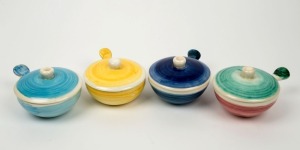 ARTHUR MERRIC BOYD set of four pottery lidded ramekins,  each incised "A.M.B. ", 8cm high, 17cm wide