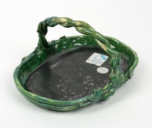 ANNIE MITCHELL SCHOOL green glazed pottery basket, incised "S.A. Keller Yandiah", 13cm high, 27cm wide