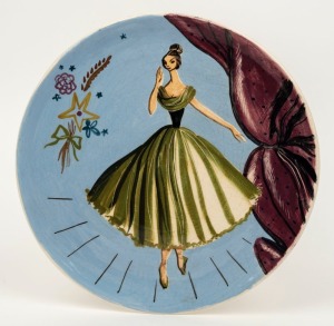 MARTIN BOYD pottery plate with hand-painted ballerina decoration, incised "Martin Boyd, 1950", 25cm diameter