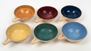 KARL DULDIG set of six pottery ramekins, incised mark to base "K.D.", 4cm high, 14cm wide