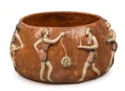 E.B. WILLIS Australian pottery bowl adorned with raised figures of women in sporting poses, incised "Hand Made by E.B. WILLIS, 1935", 11.5cm high, 22.5cm wide Provenance: The Estate of Ray Hughes, Private Collection Melbourne - 2