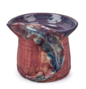 PHILIPPA JAMES pottery vase with applied gumnuts and leaf, glazed in pink, mauve and blue, incised "Philippa James", ​​​​​​​9.5cm high, 11.5cm wide