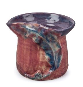 PHILIPPA JAMES pottery vase with applied gumnuts and leaf, glazed in pink, mauve and blue, incised "Philippa James", 9.5cm high, 11.5cm wide