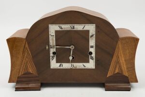An English Art Deco mantle clock in walnut case with three train movement, mid 20th century, 24cm high