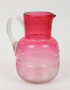 "BALLARAT FEDERAL EXHIBITION 1901" souvenir ruby glass jug, ​​​​​​​20.5cm high