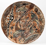 ISOBEL Australian pottery charger decorated with Aboriginal designs, signed "Isobel Australia, Hand Painted, Helen", ​​​​​​​42cm diameter