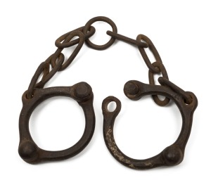 Antique 4lb. convict leg irons by MORTON & FOSTER of Tasmania, 19th century, 65cm long