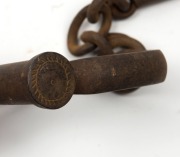HIATT N0.5 antique leg irons (no key), 19th century, 48cm wide - 2