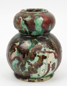 McHUGH rare double gourd shaped pottery vase with unusual mottled glaze, incised "McHugh, Tasmania", 15cm high