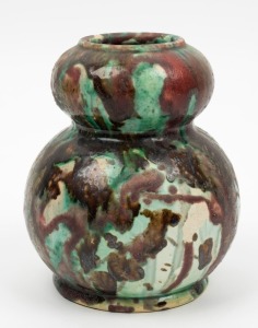 McHUGH rare double gourd shaped pottery vase with unusual mottled glaze, incised "McHugh, Tasmania", 15cm high