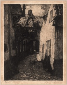 WILLY VAN RIET (1887-1927), (Brussels street scene), engraving, signed and titled in the lower margin, ​​​​​​​34 x 27cm, 56 x 46cm overall
