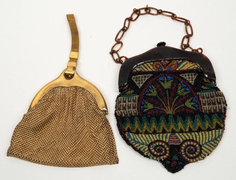 A vintage Art Deco beadwork bag with bakelite fittings, together with a ...