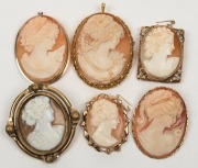 Six assorted antique cameo brooches, including several gold mounted examples and one pinchbeck example with hand-painted portrait verso, 19th/20th century