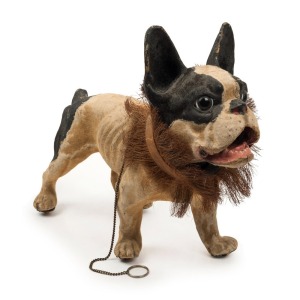 "GROWLER" antique French painted papier-mâché pull along bulldog with growler mechanism, late 19th century, ​​​​​​​37cm high, 45cm long