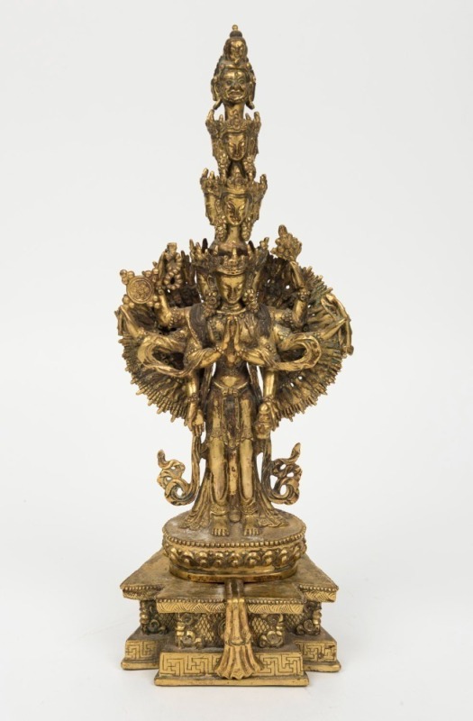 Guanyin "Thousand Hands" Bodhisattva gilt bronze statue, 20th century, ​​​​​​​33cm high