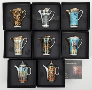 VERSACE group of eight assorted porcelain miniature coffee pots, all in original boxes, made for Rosenthal, factory marks to the bases, 10cm each diameter