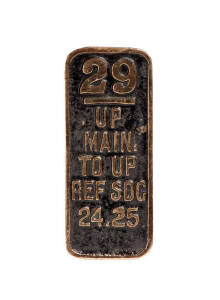 NSWGR SAFEWORKING SIGNAL SIGN: &ldquo;29. UP MAIN TO UP REF SDG 24.25&rdquo;. Embossed, includes couplers for attachment to signal, raw brass lettering on black painted brass, 16.5 x 7 x 4cm. Excellent condition.