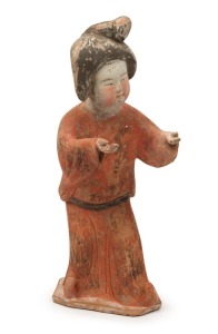 An antique Chinese polychrome pottery statue of a court attendant, Tang Dynasty (618-906), 40.5cm high. With University of Wollongong thermoluminescence documentation