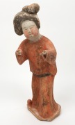 An antique Chinese polychrome pottery statue of a court attendant, Tang Dynasty (618-906), 40.5cm high. With University of Wollongong thermoluminescence documentation - 2
