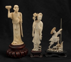 Three assorted Chinese carved ivory and bone statues, all on wooden bases, 19th/20th century, the largest 19cm high overall