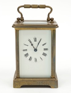 An antique French carriage clock with platform escapement, Roman numerals and enamel dial, 19th/20th century, 14cm high overall