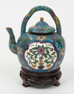 A Chinese cloisonne teapot on carved wooden stand, 19th/20th century, 16cm high overall