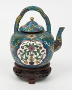 A Chinese cloisonne teapot on carved wooden stand, 19th/20th century, ​​​​​​​16cm high overall - 2