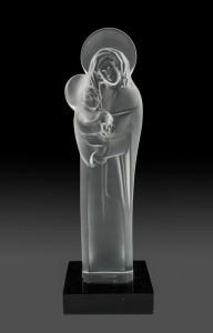 LALIQUE Madonna and Child glass statue, engraved "Lalique France" with original foil label, ​​​​​​​37cm high