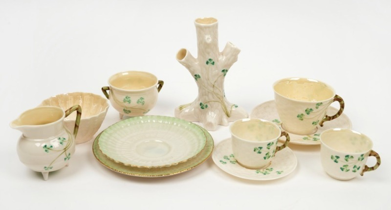 BELLEEK Irish porcelain tea ware, bowls, jug and vase, green and black stamps, ​​​​​​​the largest 15.5cm high