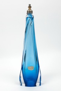 VAL ST. LAMBERT vintage blue sommerso glass table lamp base, mid 20th century, bearing original foil label, 44cm high