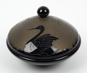 A French Art Deco cameo glass lidded bowl with bird decoration, circa 1920s, ​​​​​​​14cm high, 21cm diameter