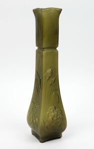 A Continental olive green pressed floral glass vase of square form, 20th century, ​​​​​​​34cm high