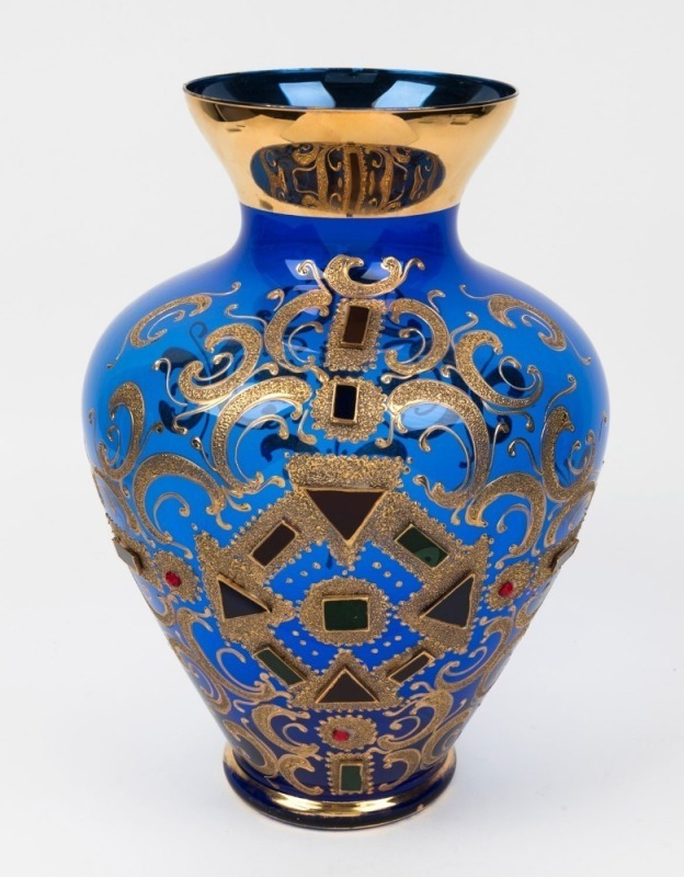 A Venetian Murano blue glass vase with jewelled and gilded decoration, 20th century, 36cm high