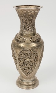 An antique Indian silver finished pierced brass baluster vase, 19th/20th century, 33cm high