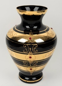 A Venetian Murano black glass vase with gilt and jewelled decoration, 20th century, ​​​​​​​37cm high